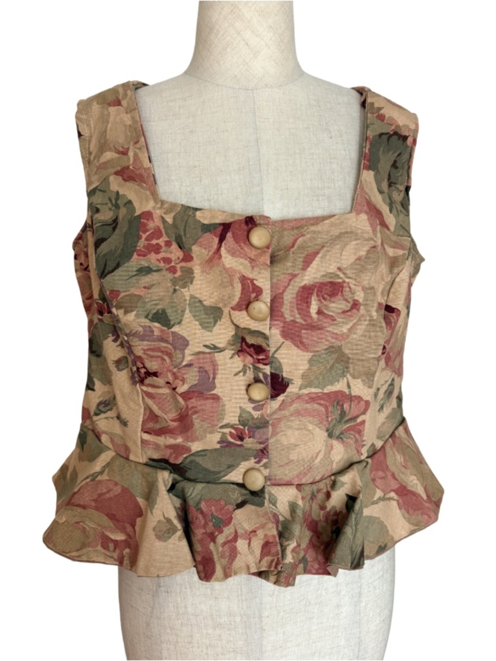Floral Peplum Button-Front Tank Top in Beige and Rose Vtg Handmade L